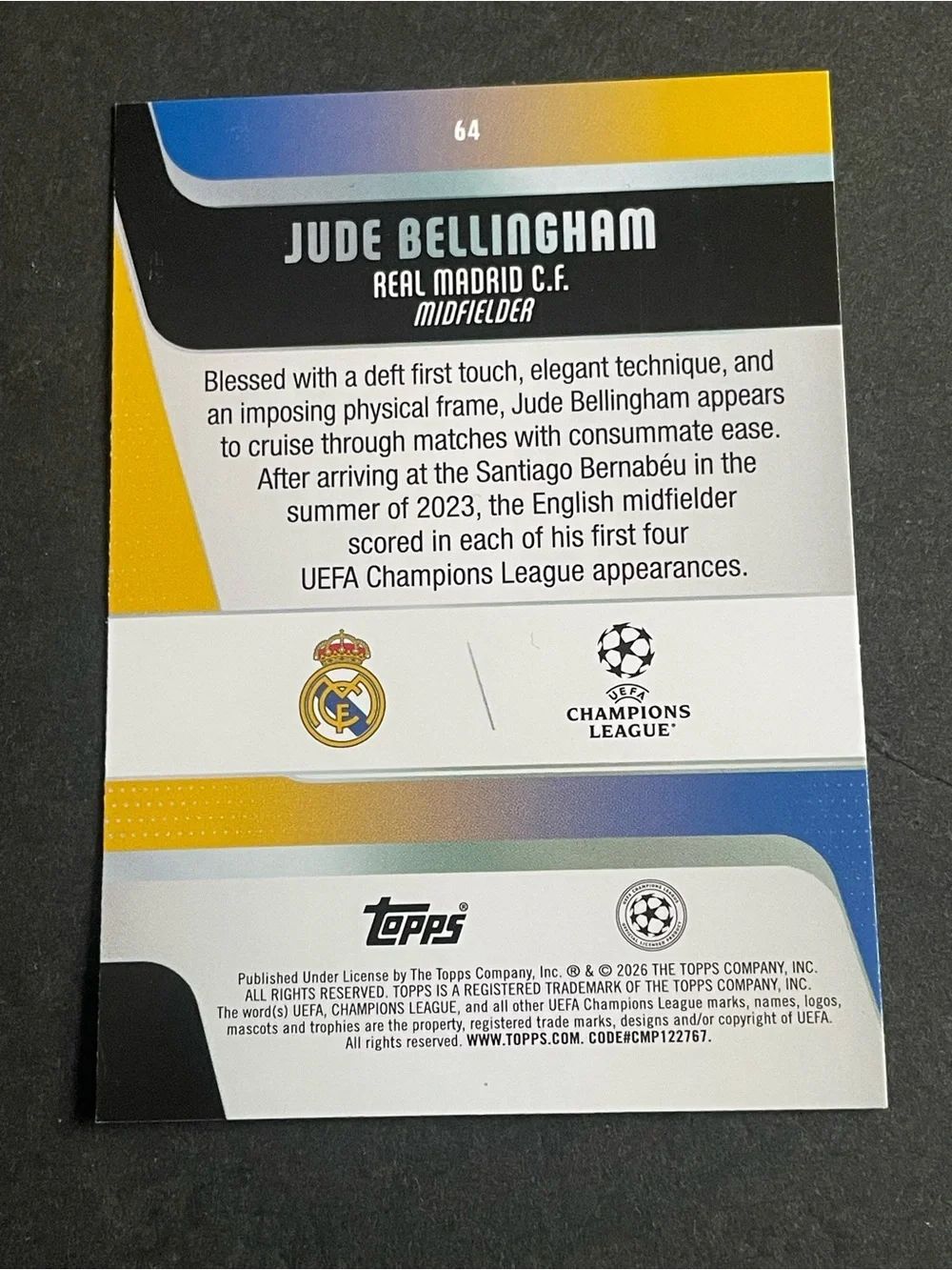 2025-26 Topps UEFA Club Competitions - Jude Bellingham #64 Real Madrid Base Card - Picture 2 of 7